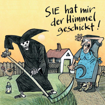 Karikatur der Hospizgruppe Aschaffenburg zur Ausstellung Sterben und Tod