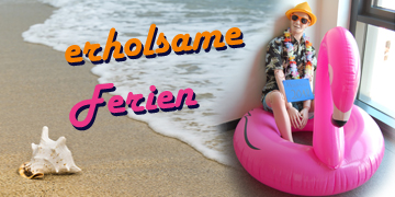 Schöne Ferien wünscht auch unsere Pflegepuppe Bildmontage aus Pflegepuppe im Hawaiihemd mit Ferienwünschen