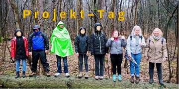Schüler im Wald auf Baumstamm, Projekt-Tag